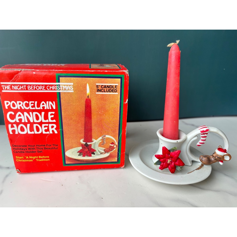 Vintage 1983 Giftco Porcelain Christmas Candle Holder Mouse Poinsettia with Box